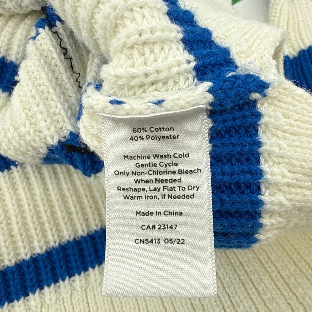 Talbots Multi Stripe Crewneck High-Lo Sweater Large Petite Ivory Blue Thumbholes
